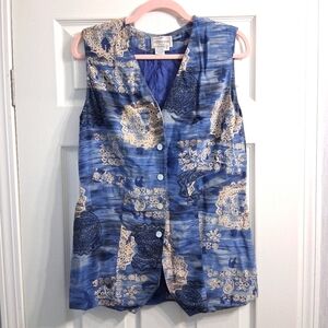 Vintage Henri Bendel Silk Vest Blue Boho Pattern Mother Of Pearl Buttons Artist